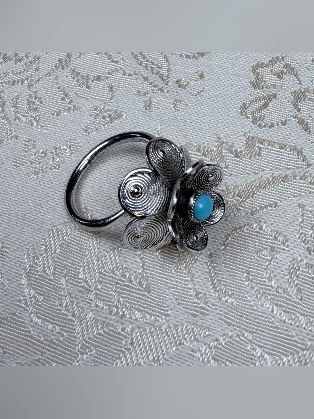 Sarah Coventry Vintage Flower Ring, Turquoise Center, Statement, Adjustable
